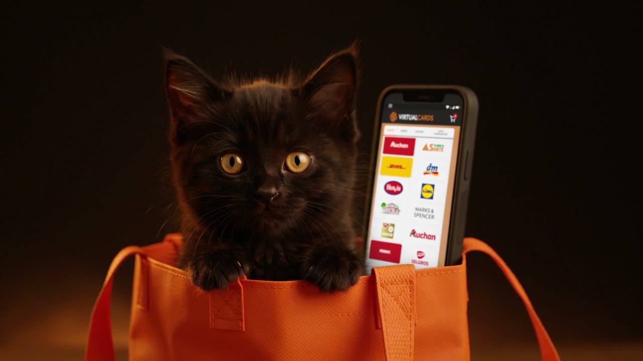 Pisica VirtualCards în sacoșa de Black Friday